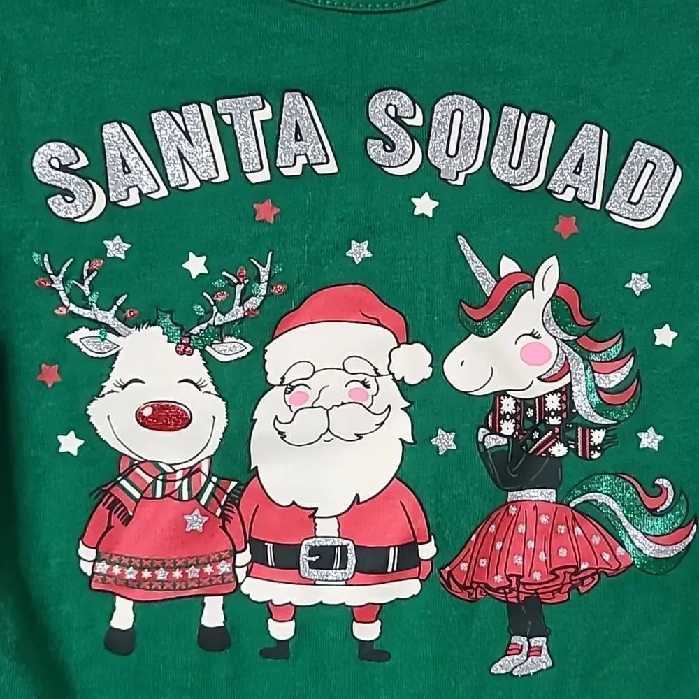 Santa Squad Girls 4/5 Santa Unicorn Reindeer Green Holiday T-Shirt Glitter Tee